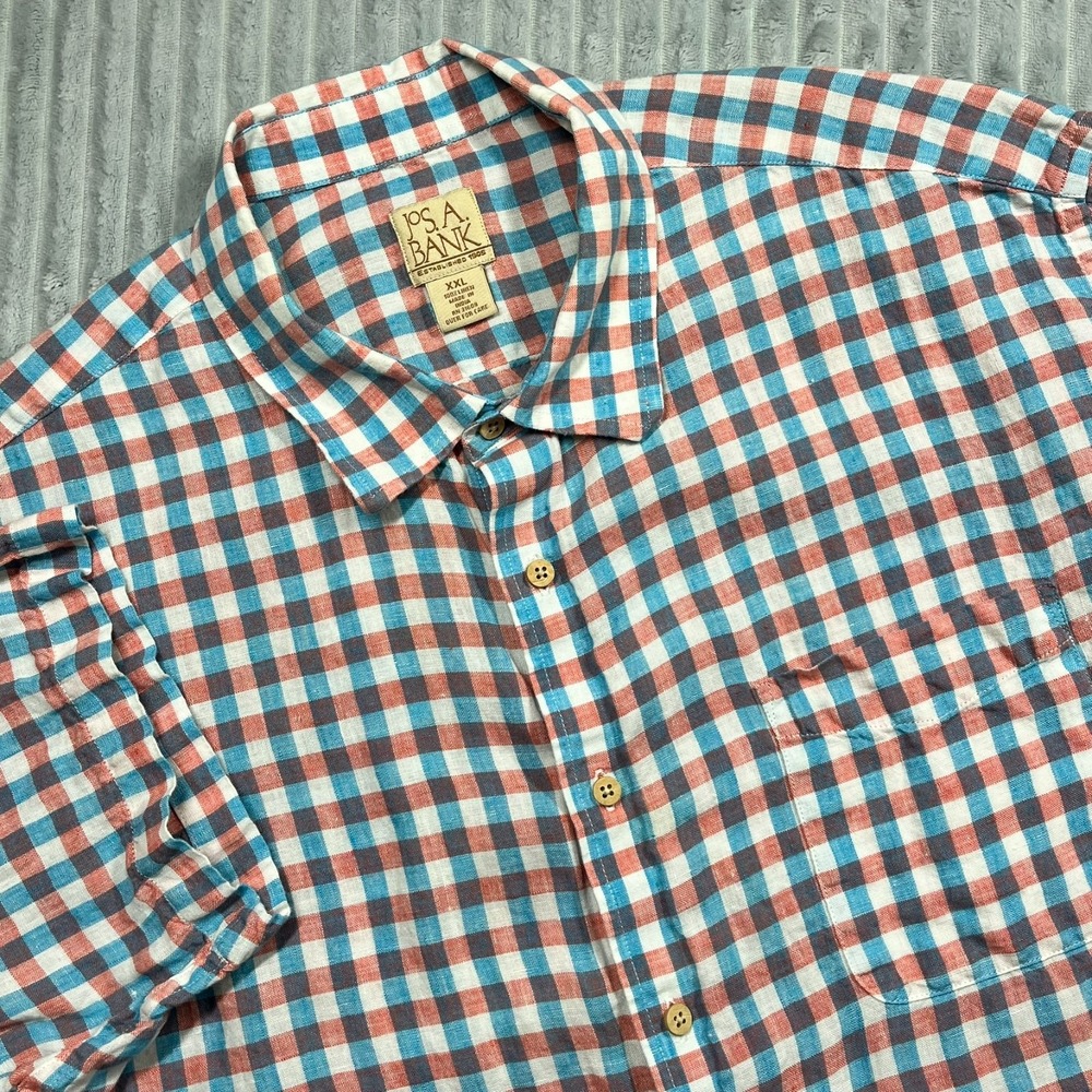 Jos A Bank Linen Button Up Shirt Men's 2XL Gingham Plaid Colorful Beach Resort